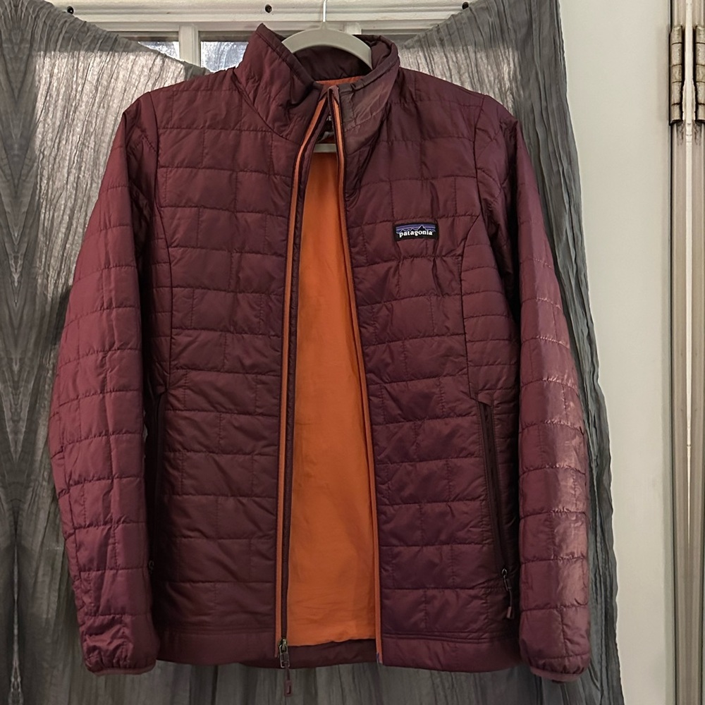 Patagonia nano puff deep dark ruby red with orange interior